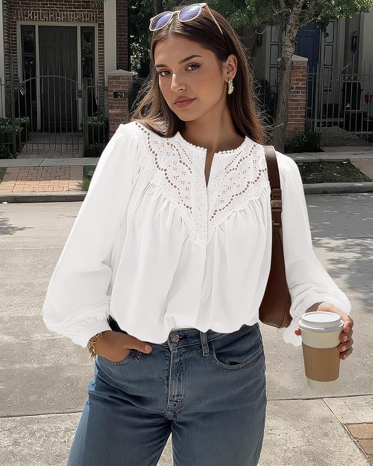 imageBTFBM Blouses for Women Dressy Casual Fall Clothes 2025 Long Sleeve Tops Lace Flowy Babydoll Button Down ShirtsWhite