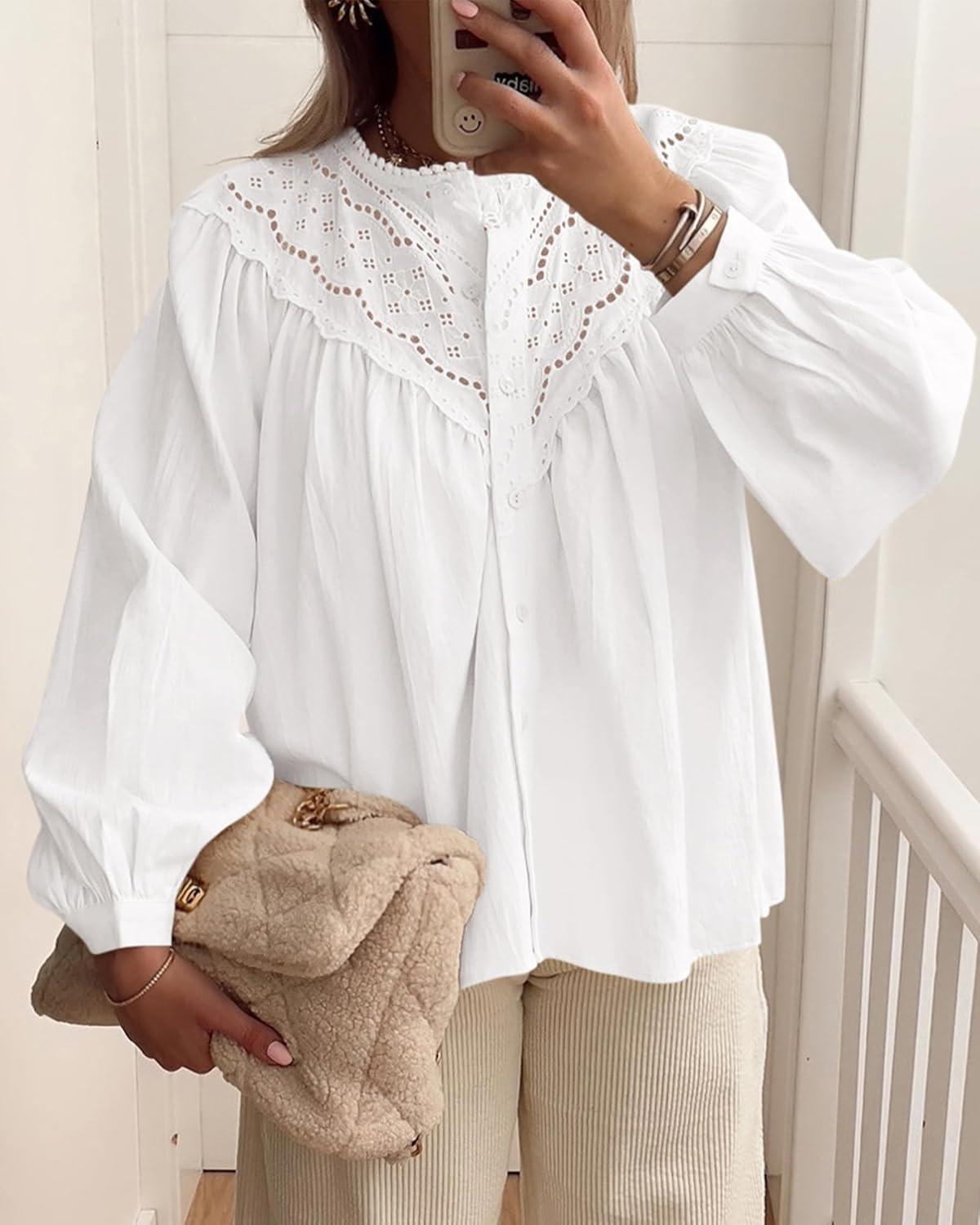 imageBTFBM Blouses for Women Dressy Casual Fall Clothes 2025 Long Sleeve Tops Lace Flowy Babydoll Button Down ShirtsWhite
