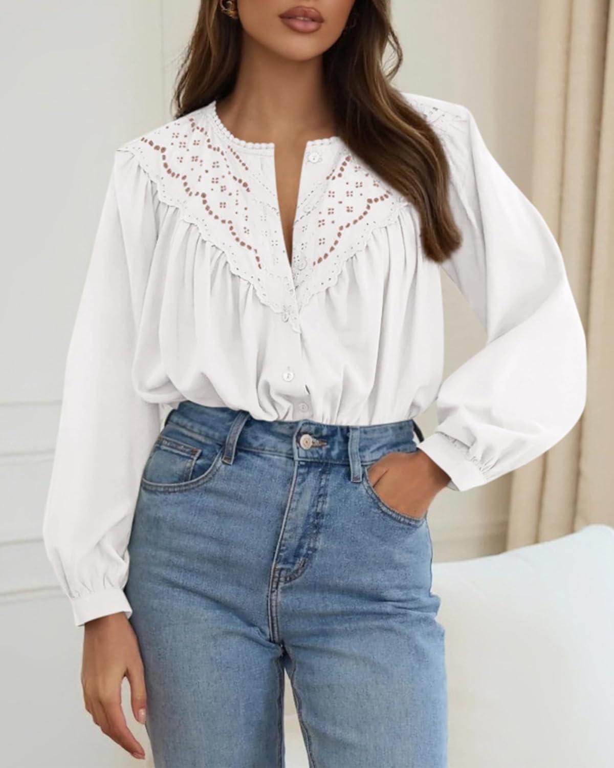 imageBTFBM Blouses for Women Dressy Casual Fall Clothes 2025 Long Sleeve Tops Lace Flowy Babydoll Button Down ShirtsWhite