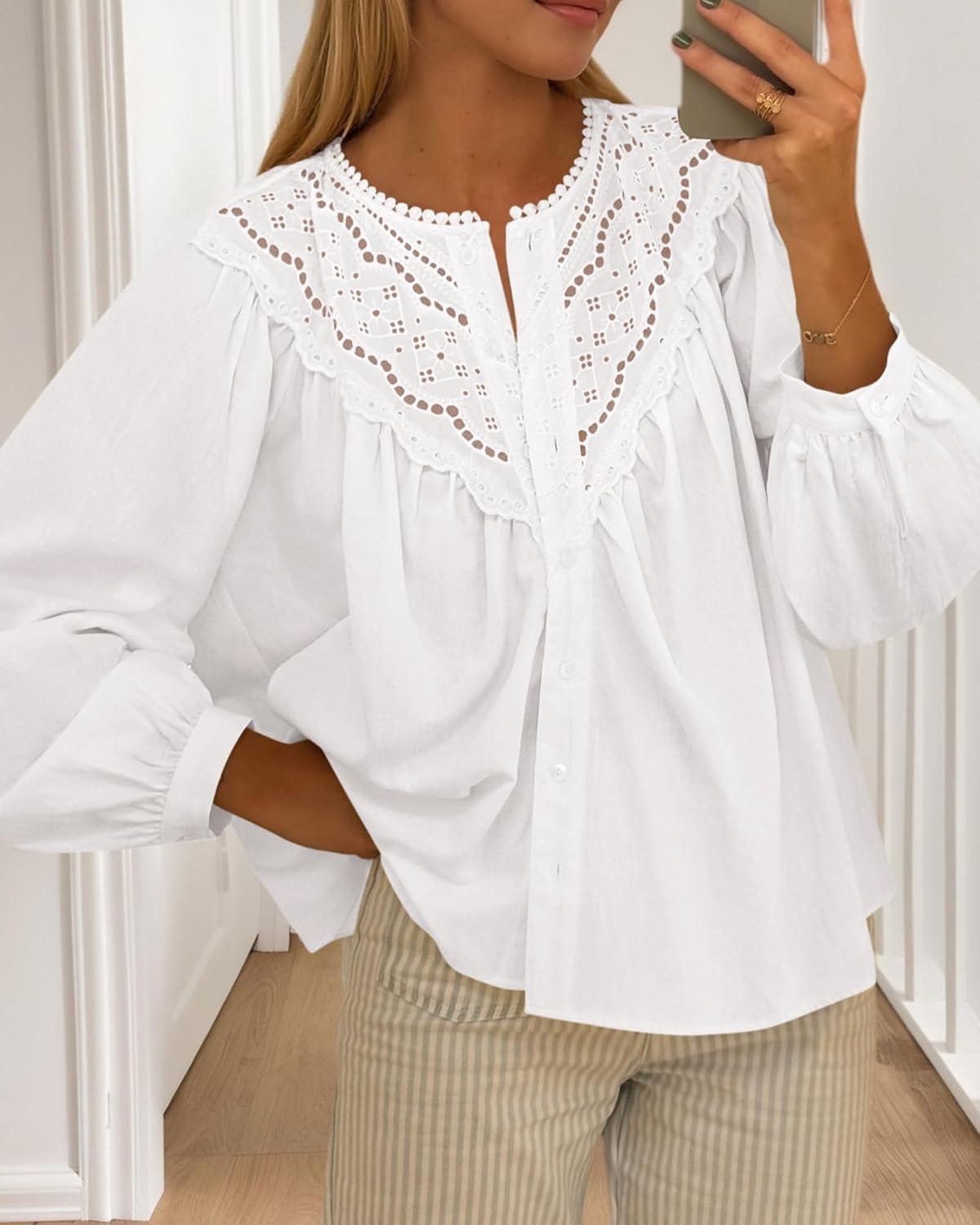 imageBTFBM Blouses for Women Dressy Casual Fall Clothes 2025 Long Sleeve Tops Lace Flowy Babydoll Button Down ShirtsWhite