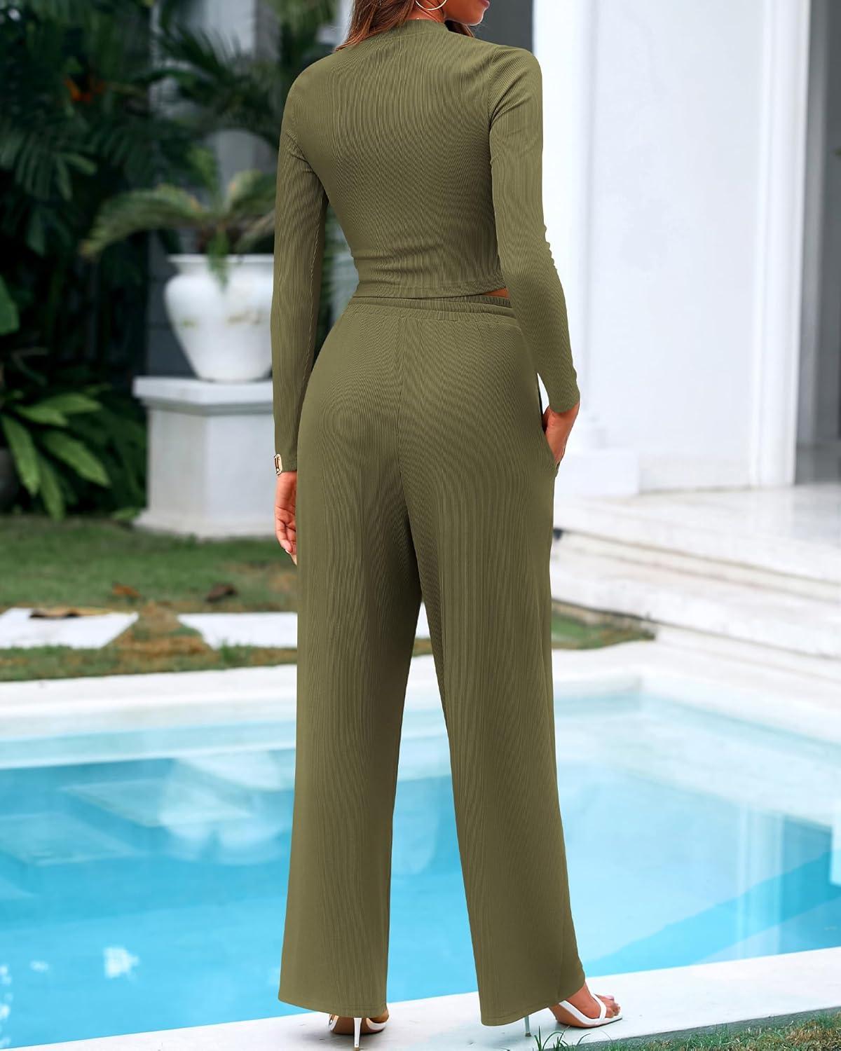 imageBTFBM Casual 2 Piece Sets For Women Fall Outfits 2025 Ribbed Long Sleeve Crop Top Wide Leg Pants Matching Lounge SetArmy Green