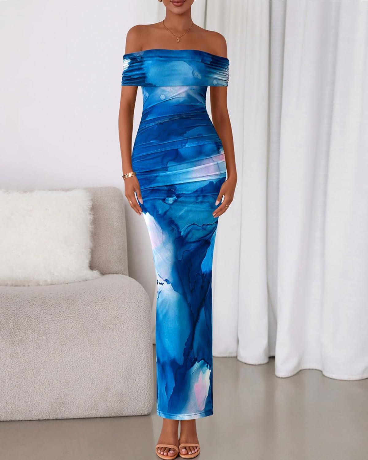 imageBTFBM Cocktail Dresses for Women 2025 Summer Off Shoulder Bodycon Ruched Mesh Back Slit Floral Maxi Dress Fall FashionFloral Dark Blue