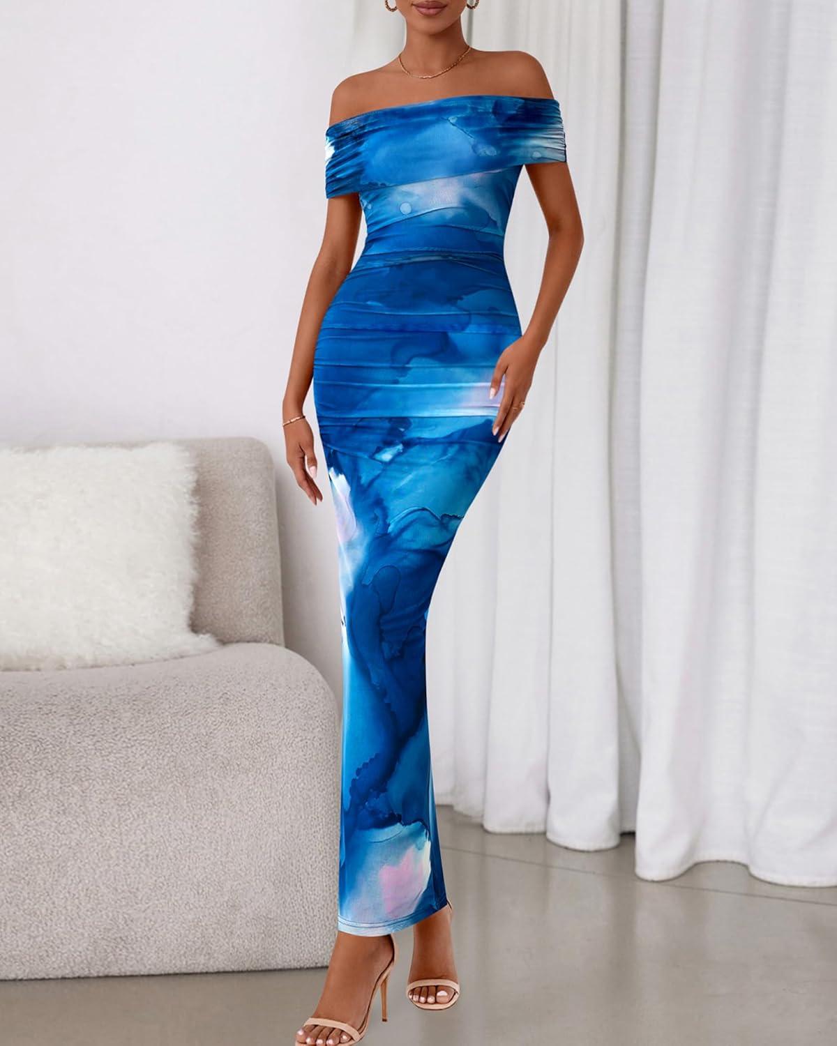 imageBTFBM Cocktail Dresses for Women 2025 Summer Off Shoulder Bodycon Ruched Mesh Back Slit Floral Maxi Dress Fall FashionFloral Dark Blue
