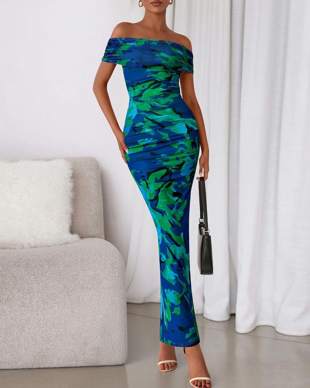 imageBTFBM Cocktail Dresses for Women 2025 Summer Off Shoulder Bodycon Ruched Mesh Back Slit Floral Maxi Dress Fall FashionFloral Green