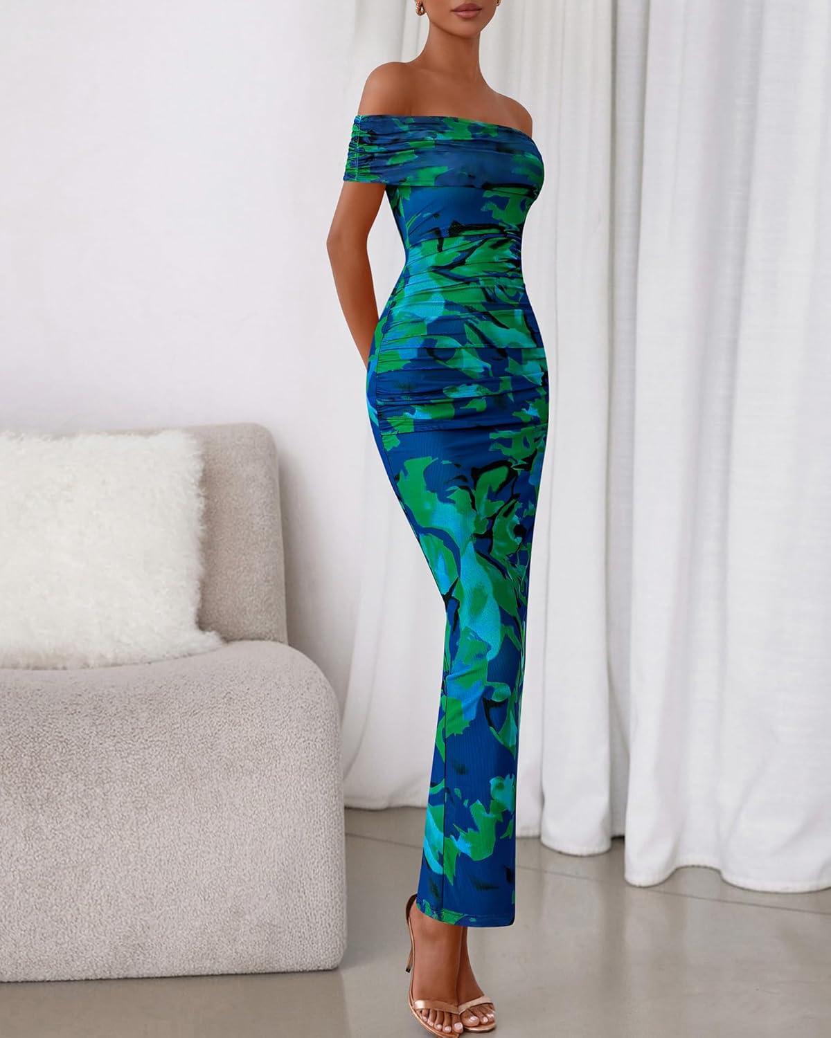 imageBTFBM Cocktail Dresses for Women 2025 Summer Off Shoulder Bodycon Ruched Mesh Back Slit Floral Maxi Dress Fall FashionFloral Green