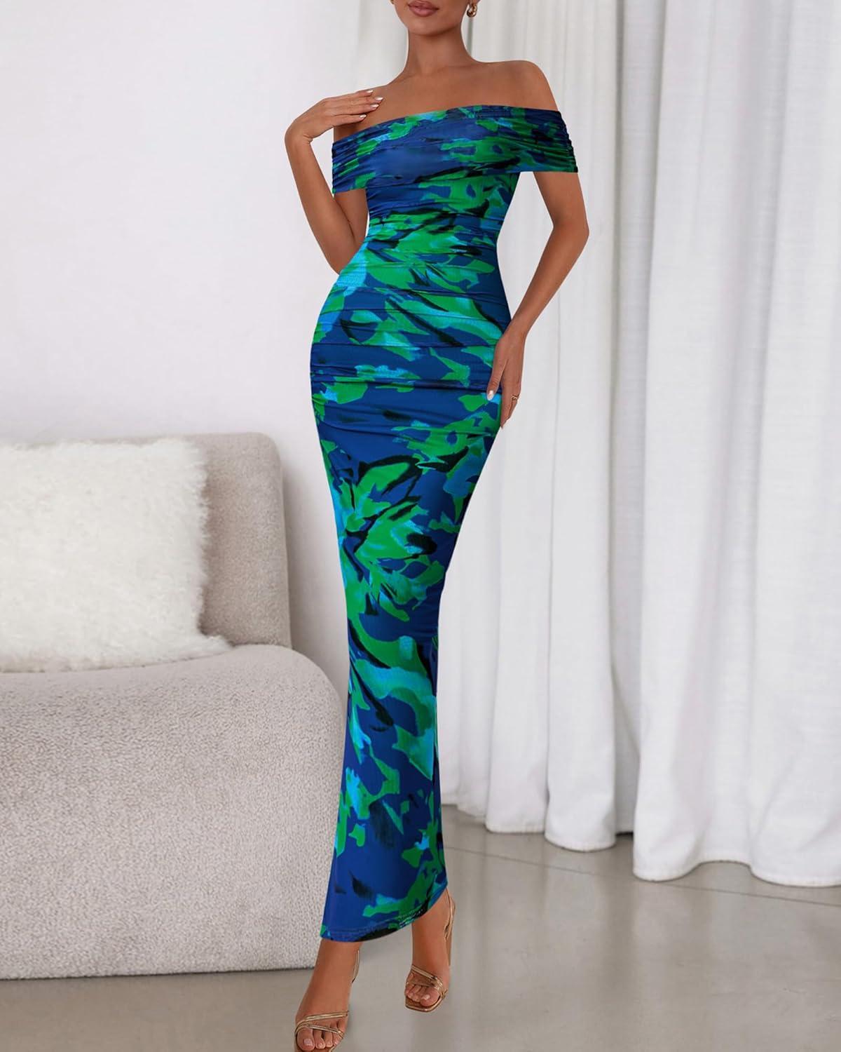 imageBTFBM Cocktail Dresses for Women 2025 Summer Off Shoulder Bodycon Ruched Mesh Back Slit Floral Maxi Dress Fall FashionFloral Green