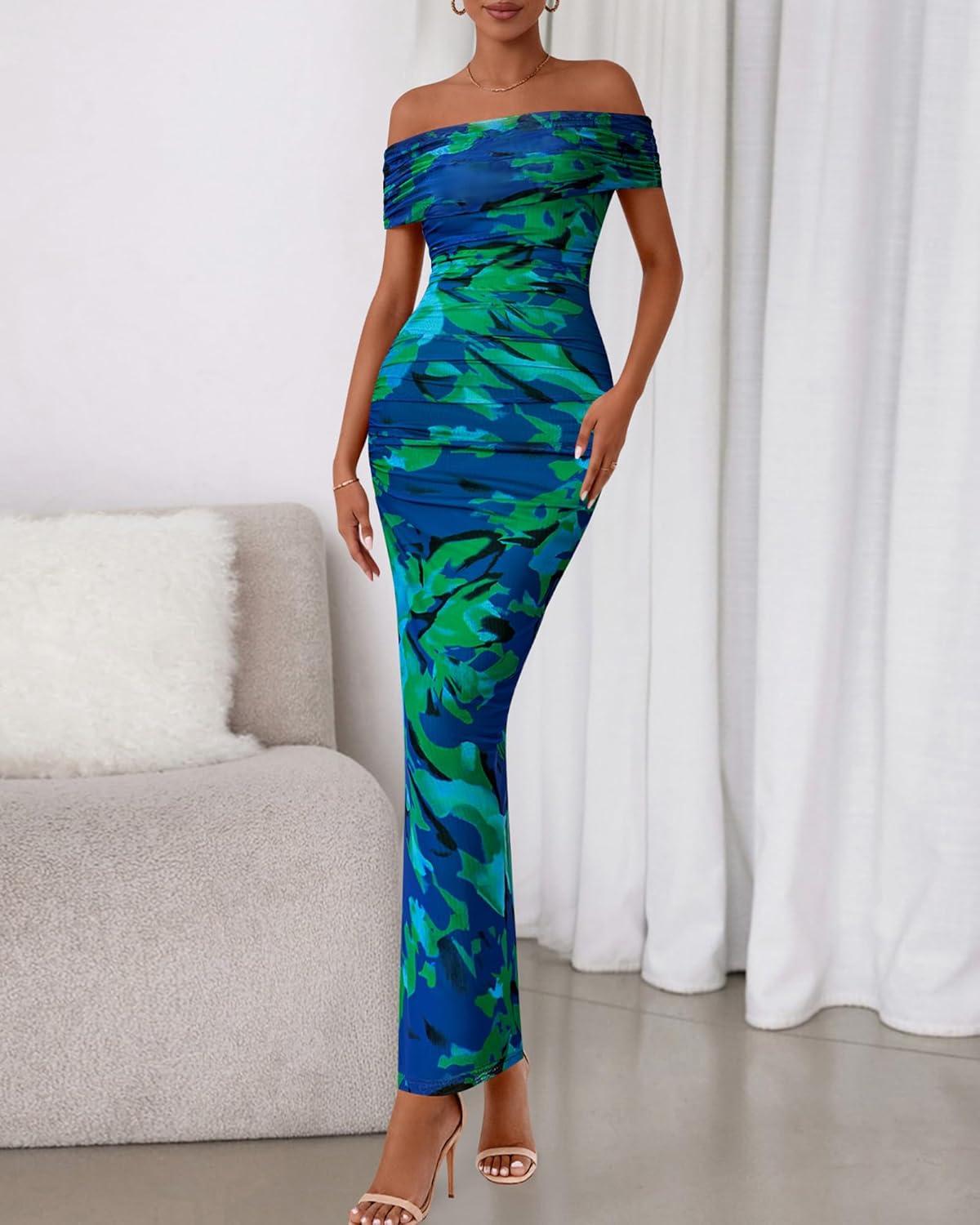 imageBTFBM Cocktail Dresses for Women 2025 Summer Off Shoulder Bodycon Ruched Mesh Back Slit Floral Maxi Dress Fall FashionFloral Green