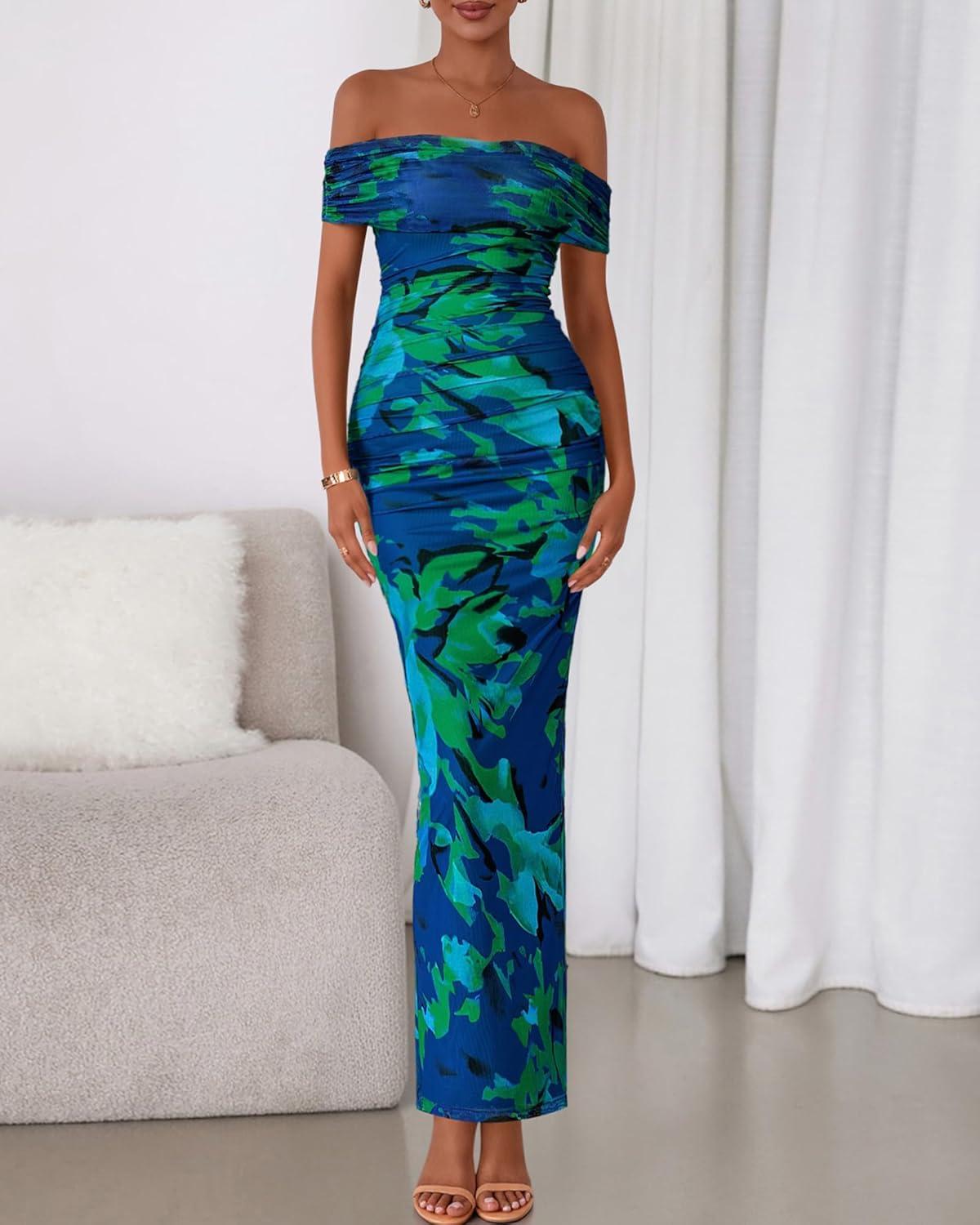 imageBTFBM Cocktail Dresses for Women 2025 Summer Off Shoulder Bodycon Ruched Mesh Back Slit Floral Maxi Dress Fall FashionFloral Green