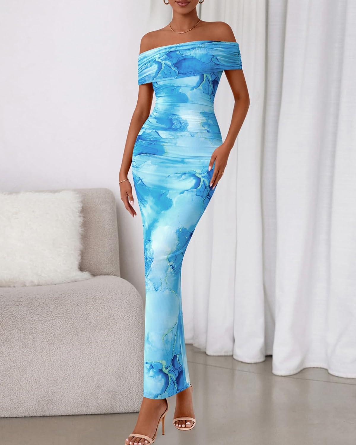 imageBTFBM Cocktail Dresses for Women 2025 Summer Off Shoulder Bodycon Ruched Mesh Back Slit Floral Maxi Dress Fall FashionFloral Light Blue