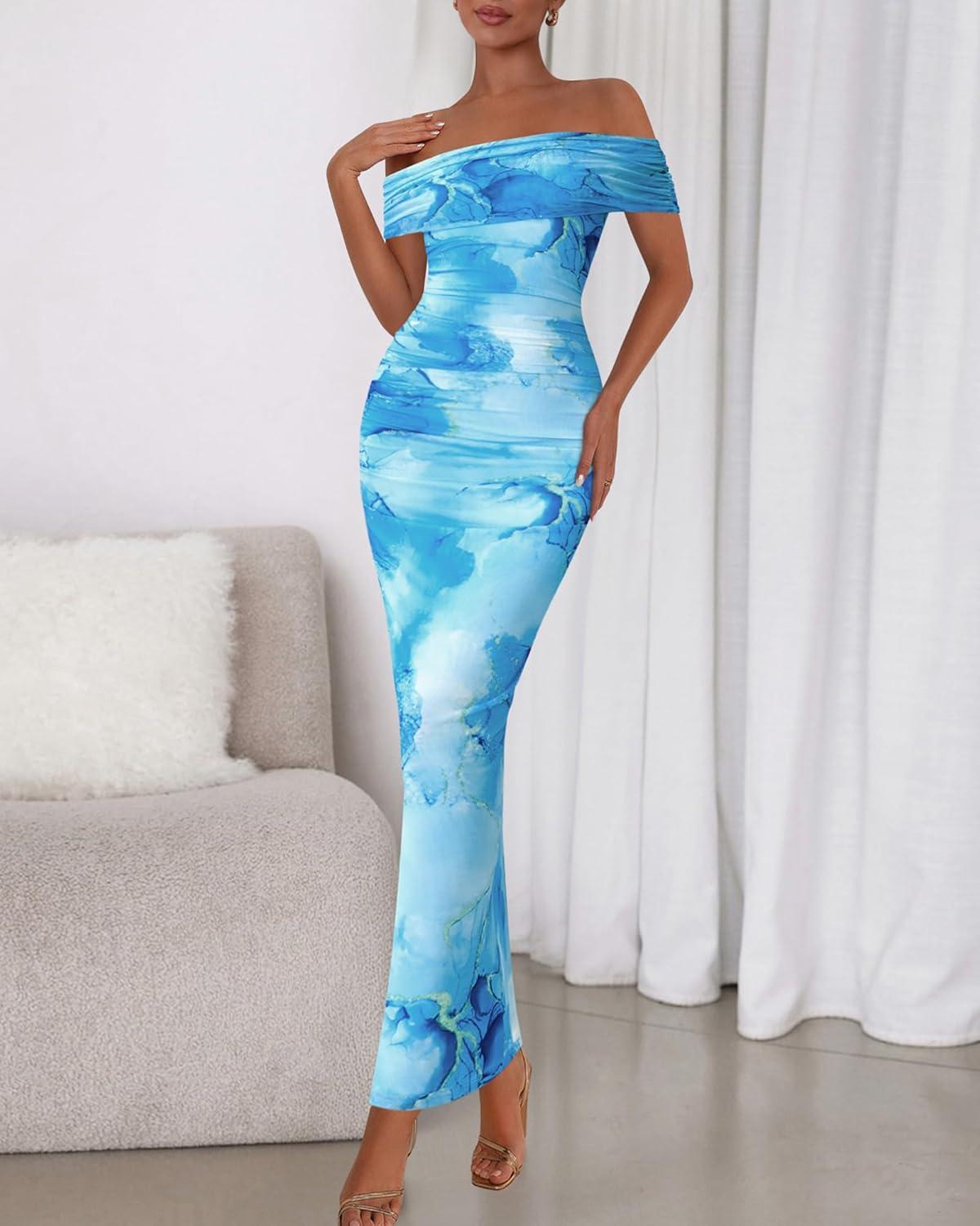 imageBTFBM Cocktail Dresses for Women 2025 Summer Off Shoulder Bodycon Ruched Mesh Back Slit Floral Maxi Dress Fall FashionFloral Light Blue