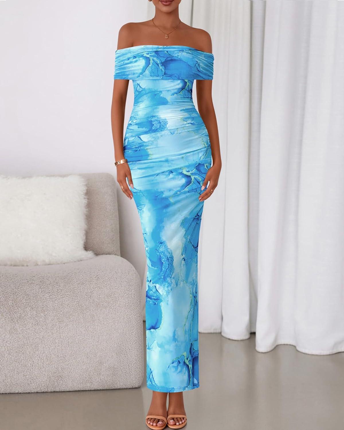 imageBTFBM Cocktail Dresses for Women 2025 Summer Off Shoulder Bodycon Ruched Mesh Back Slit Floral Maxi Dress Fall FashionFloral Light Blue