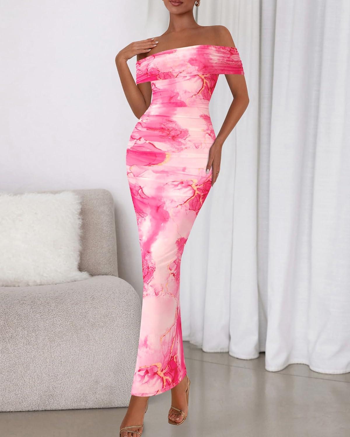 imageBTFBM Cocktail Dresses for Women 2025 Summer Off Shoulder Bodycon Ruched Mesh Back Slit Floral Maxi Dress Fall FashionFloral Pink
