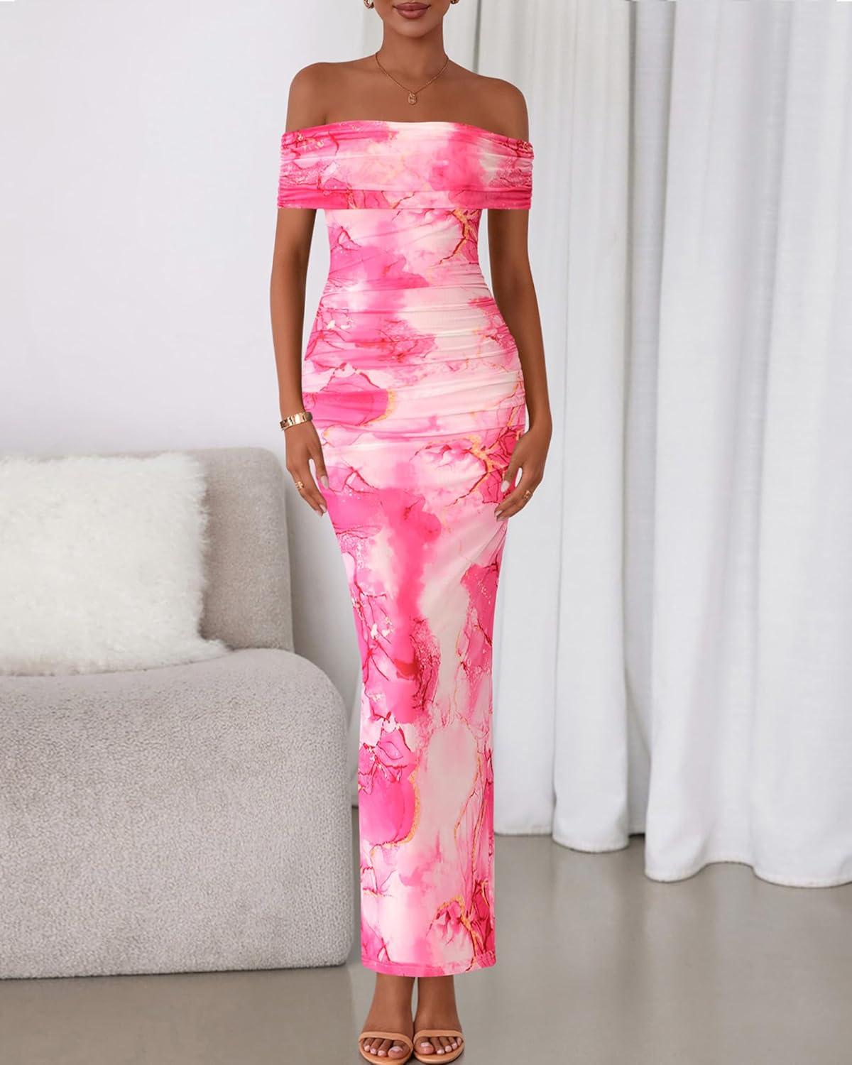 imageBTFBM Cocktail Dresses for Women 2025 Summer Off Shoulder Bodycon Ruched Mesh Back Slit Floral Maxi Dress Fall FashionFloral Pink