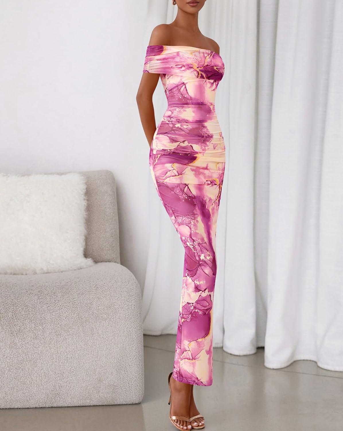 imageBTFBM Cocktail Dresses for Women 2025 Summer Off Shoulder Bodycon Ruched Mesh Back Slit Floral Maxi Dress Fall FashionFloral Purple