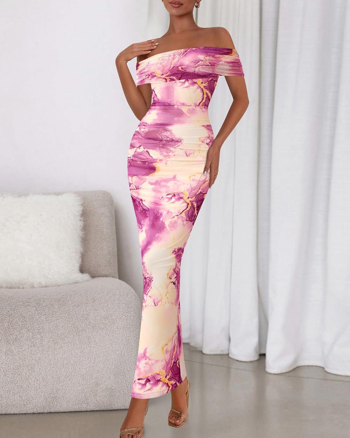imageBTFBM Cocktail Dresses for Women 2025 Summer Off Shoulder Bodycon Ruched Mesh Back Slit Floral Maxi Dress Fall FashionFloral Purple