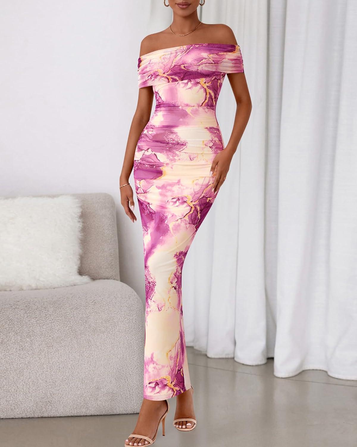 imageBTFBM Cocktail Dresses for Women 2025 Summer Off Shoulder Bodycon Ruched Mesh Back Slit Floral Maxi Dress Fall FashionFloral Purple