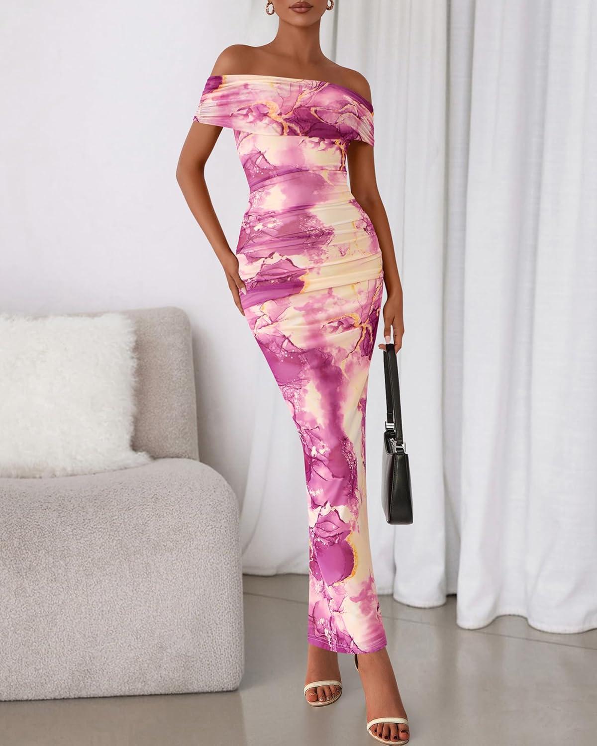 imageBTFBM Cocktail Dresses for Women 2025 Summer Off Shoulder Bodycon Ruched Mesh Back Slit Floral Maxi Dress Fall FashionFloral Purple