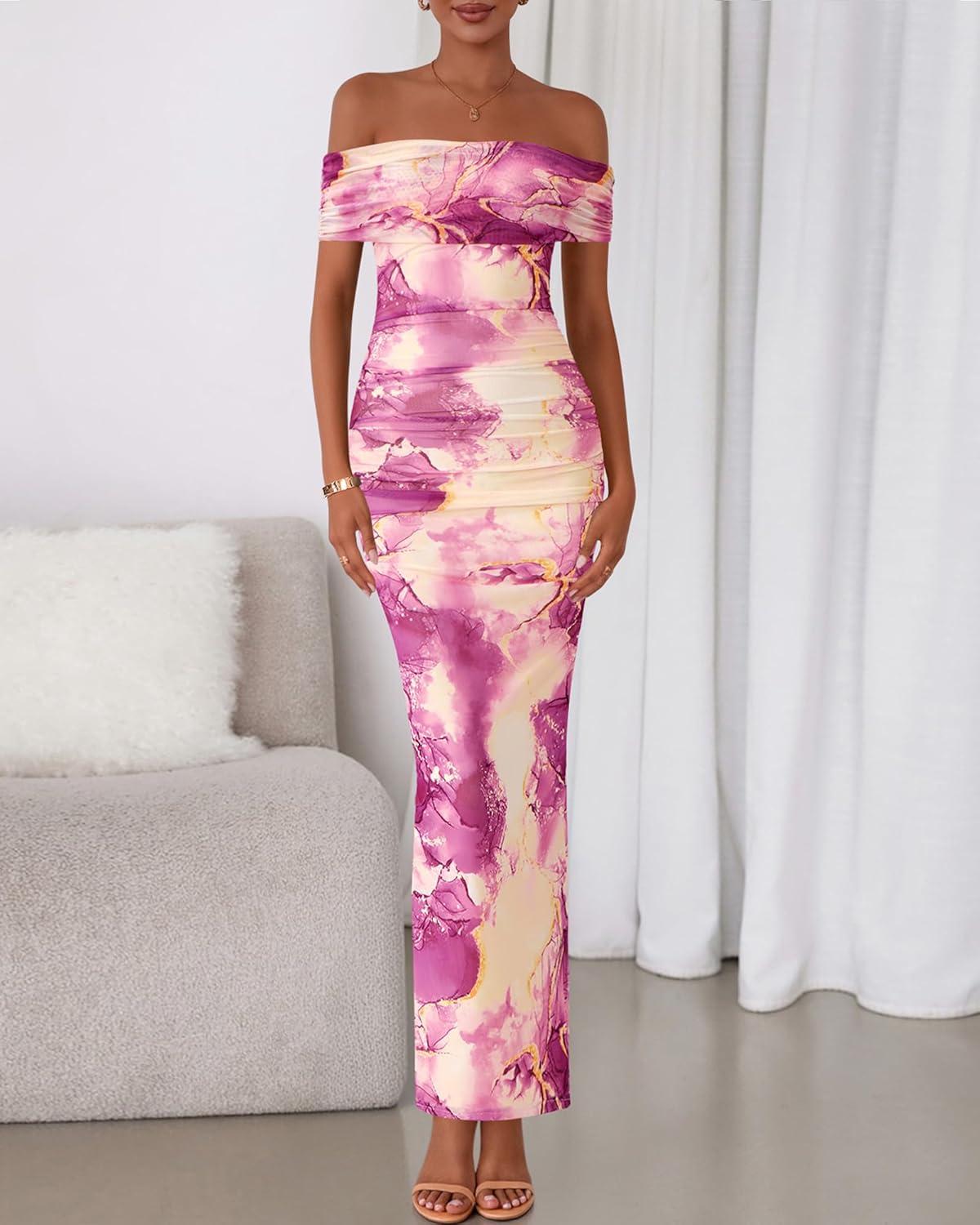 imageBTFBM Cocktail Dresses for Women 2025 Summer Off Shoulder Bodycon Ruched Mesh Back Slit Floral Maxi Dress Fall FashionFloral Purple