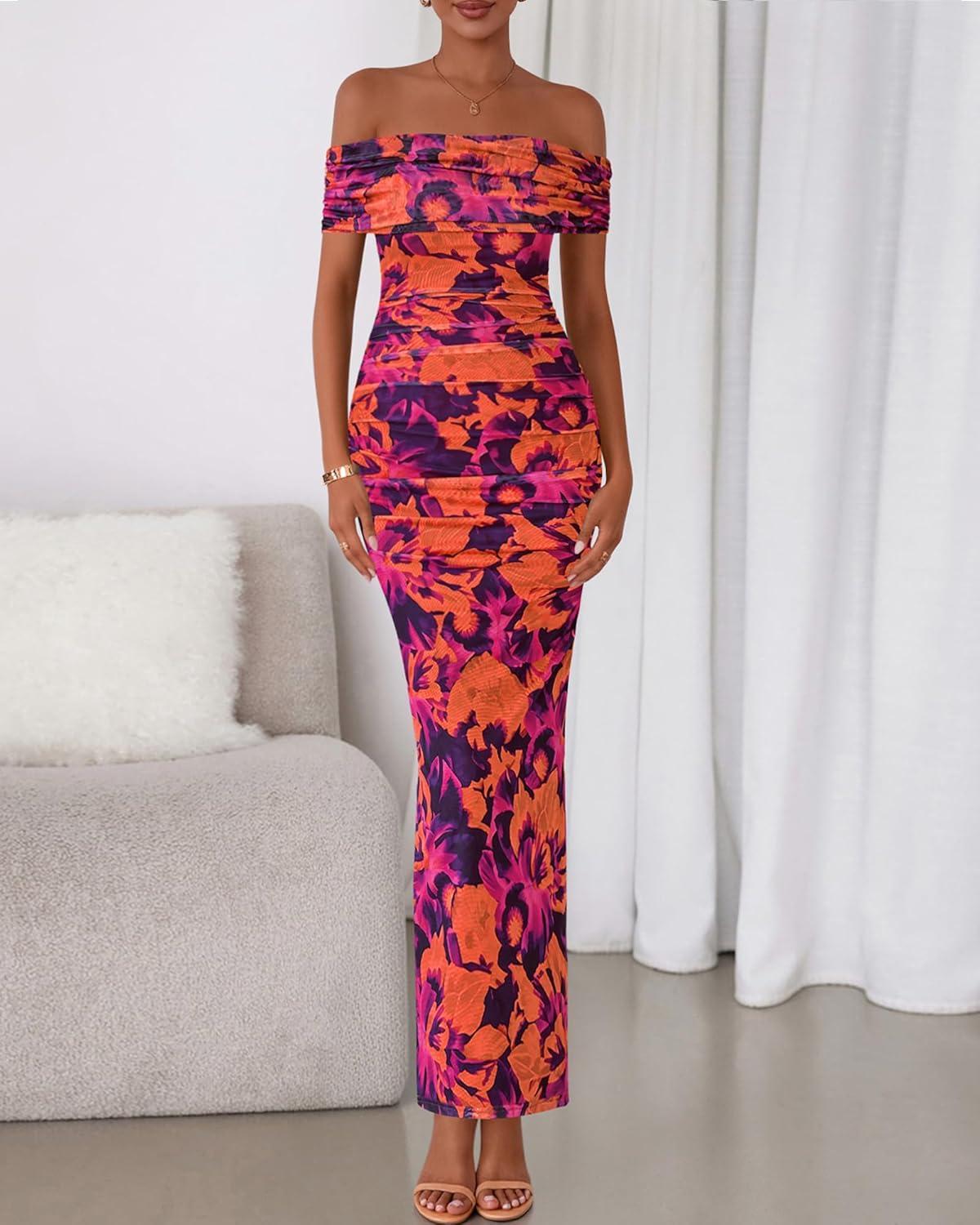 imageBTFBM Cocktail Dresses for Women 2025 Summer Off Shoulder Bodycon Ruched Mesh Back Slit Floral Maxi Dress Fall FashionFloral Purple Orange