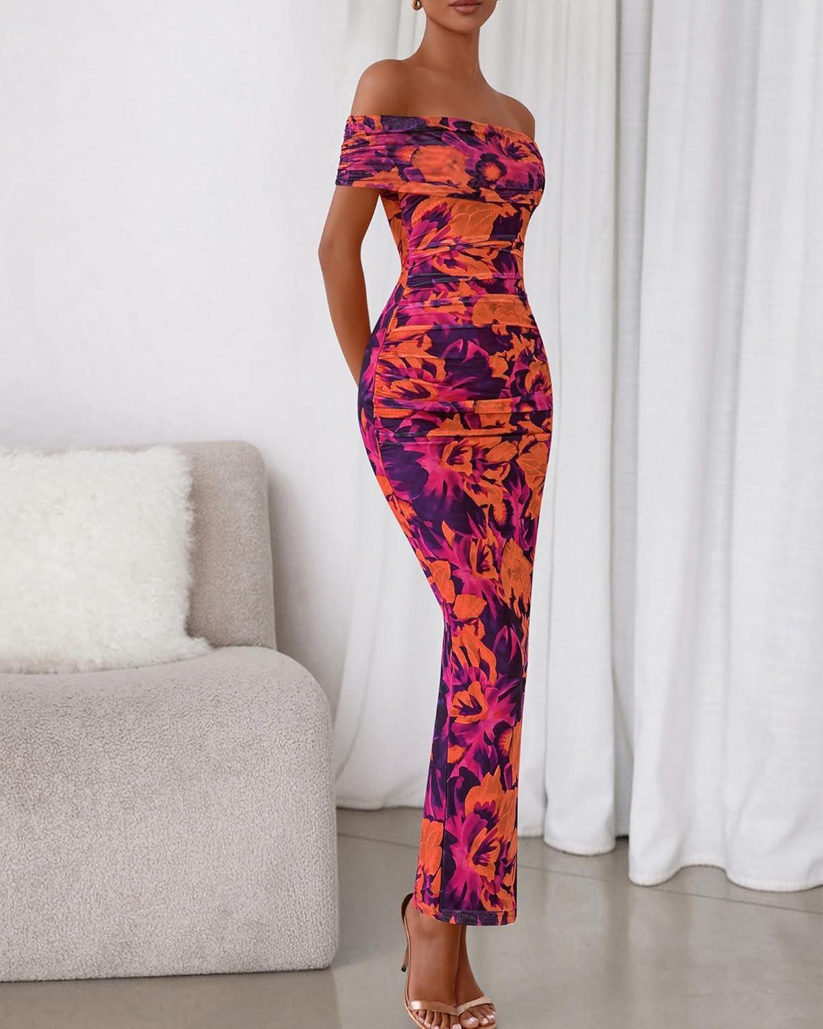 imageBTFBM Cocktail Dresses for Women 2025 Summer Off Shoulder Bodycon Ruched Mesh Back Slit Floral Maxi Dress Fall FashionFloral Purple Orange