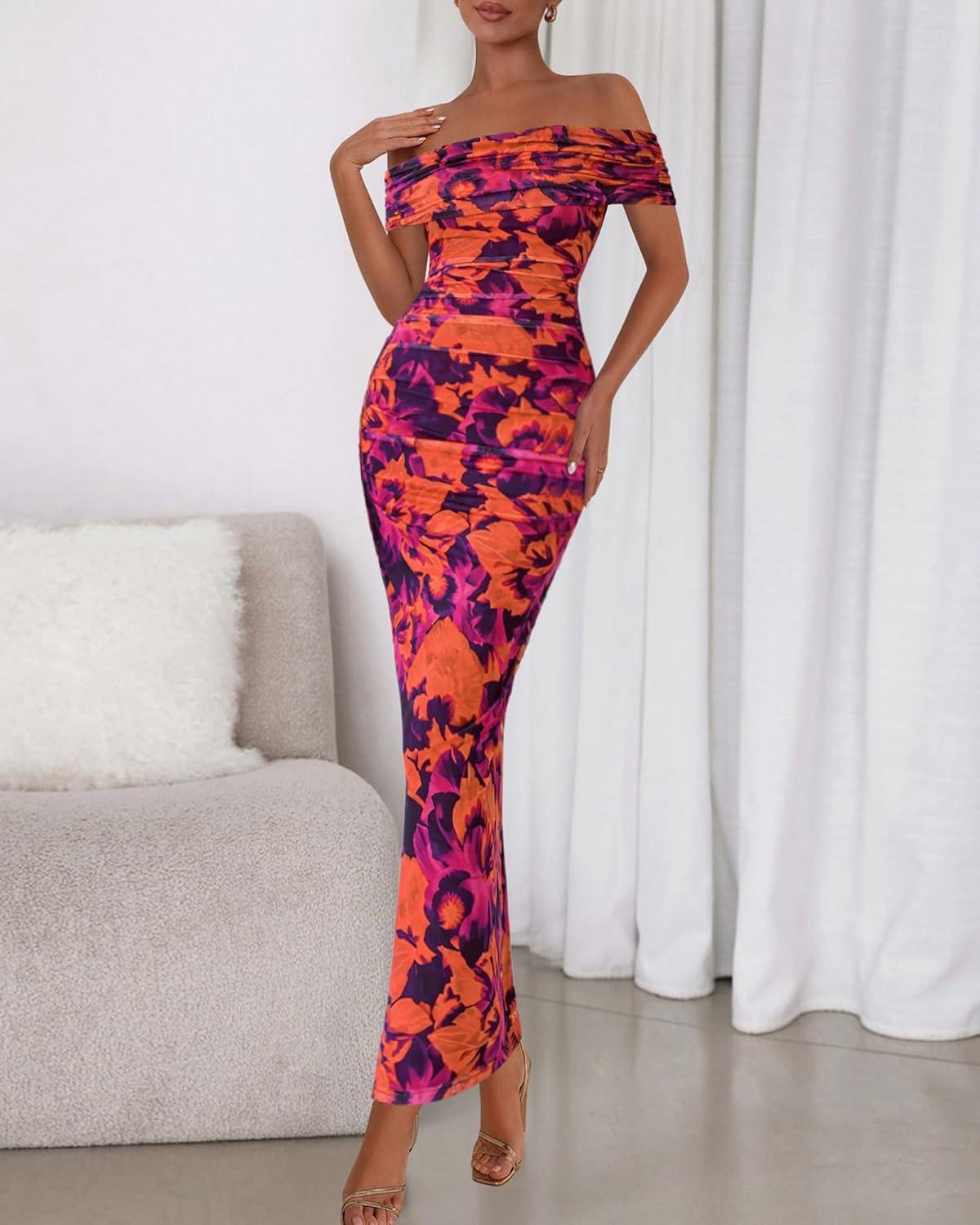 imageBTFBM Cocktail Dresses for Women 2025 Summer Off Shoulder Bodycon Ruched Mesh Back Slit Floral Maxi Dress Fall FashionFloral Purple Orange