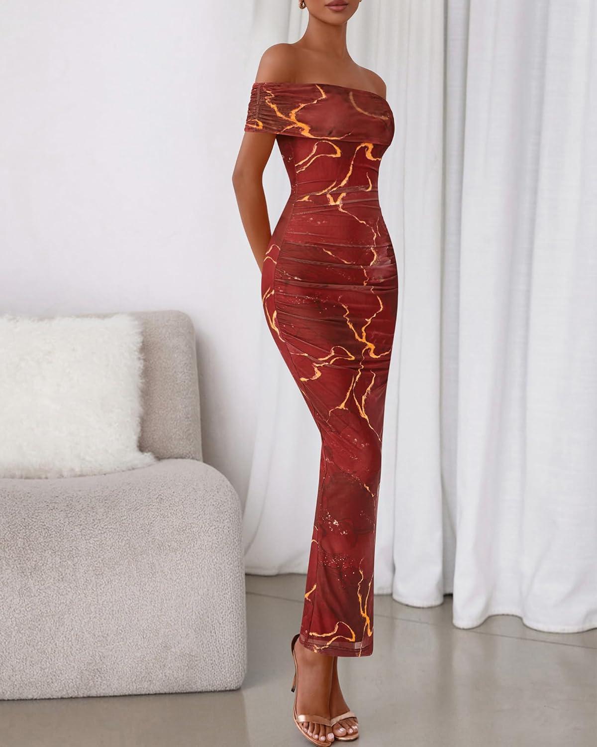 imageBTFBM Cocktail Dresses for Women 2025 Summer Off Shoulder Bodycon Ruched Mesh Back Slit Floral Maxi Dress Fall FashionFloral Wine Red
