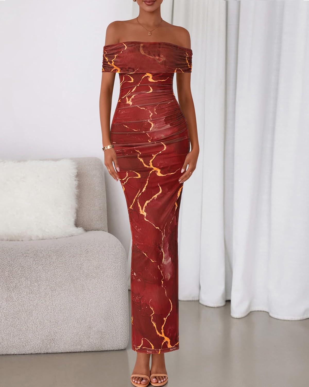 imageBTFBM Cocktail Dresses for Women 2025 Summer Off Shoulder Bodycon Ruched Mesh Back Slit Floral Maxi Dress Fall FashionFloral Wine Red