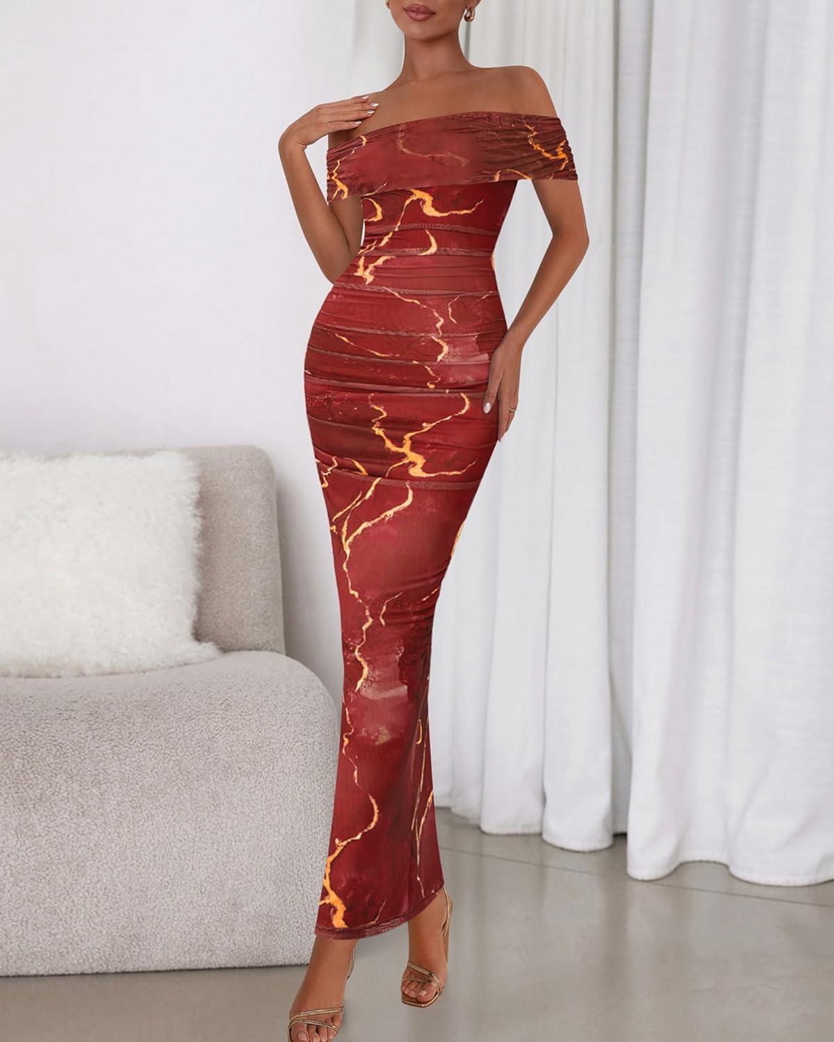 imageBTFBM Cocktail Dresses for Women 2025 Summer Off Shoulder Bodycon Ruched Mesh Back Slit Floral Maxi Dress Fall FashionFloral Wine Red