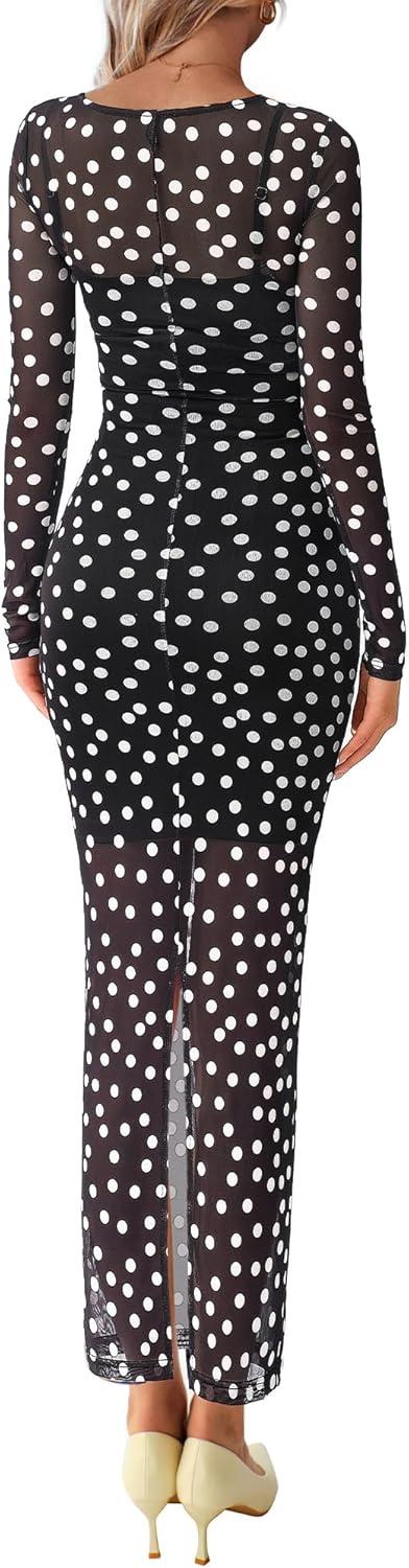 imageBTFBM Fall Dresses for Women 2025 2 Piece Set Long Sleeve Polka Dot Sexy Bodycon Mesh Dress and Slip Dress Party WeddingBig Dot Black White