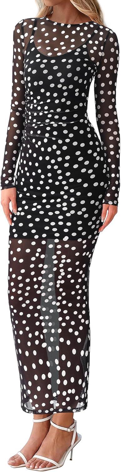 imageBTFBM Fall Dresses for Women 2025 2 Piece Set Long Sleeve Polka Dot Sexy Bodycon Mesh Dress and Slip Dress Party WeddingBig Dot Black White