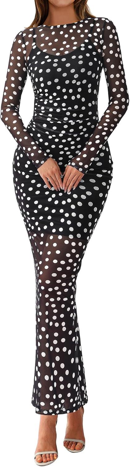 imageBTFBM Fall Dresses for Women 2025 2 Piece Set Long Sleeve Polka Dot Sexy Bodycon Mesh Dress and Slip Dress Party WeddingBig Dot Black White