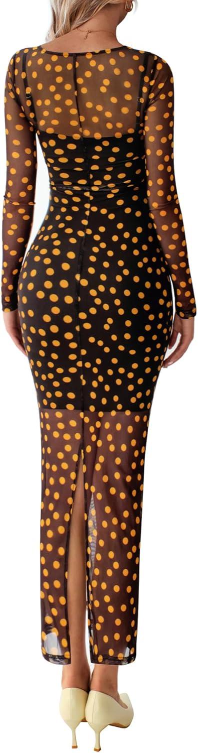 imageBTFBM Fall Dresses for Women 2025 2 Piece Set Long Sleeve Polka Dot Sexy Bodycon Mesh Dress and Slip Dress Party WeddingBig Dot Black Yellow