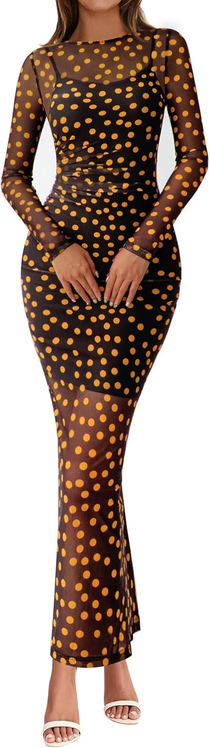 imageBTFBM Fall Dresses for Women 2025 2 Piece Set Long Sleeve Polka Dot Sexy Bodycon Mesh Dress and Slip Dress Party WeddingBig Dot Black Yellow