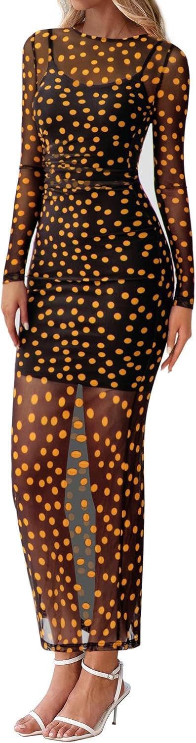 imageBTFBM Fall Dresses for Women 2025 2 Piece Set Long Sleeve Polka Dot Sexy Bodycon Mesh Dress and Slip Dress Party WeddingBig Dot Black Yellow