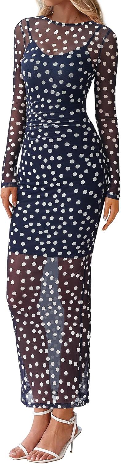 imageBTFBM Fall Dresses for Women 2025 2 Piece Set Long Sleeve Polka Dot Sexy Bodycon Mesh Dress and Slip Dress Party WeddingBig Dot Navy White
