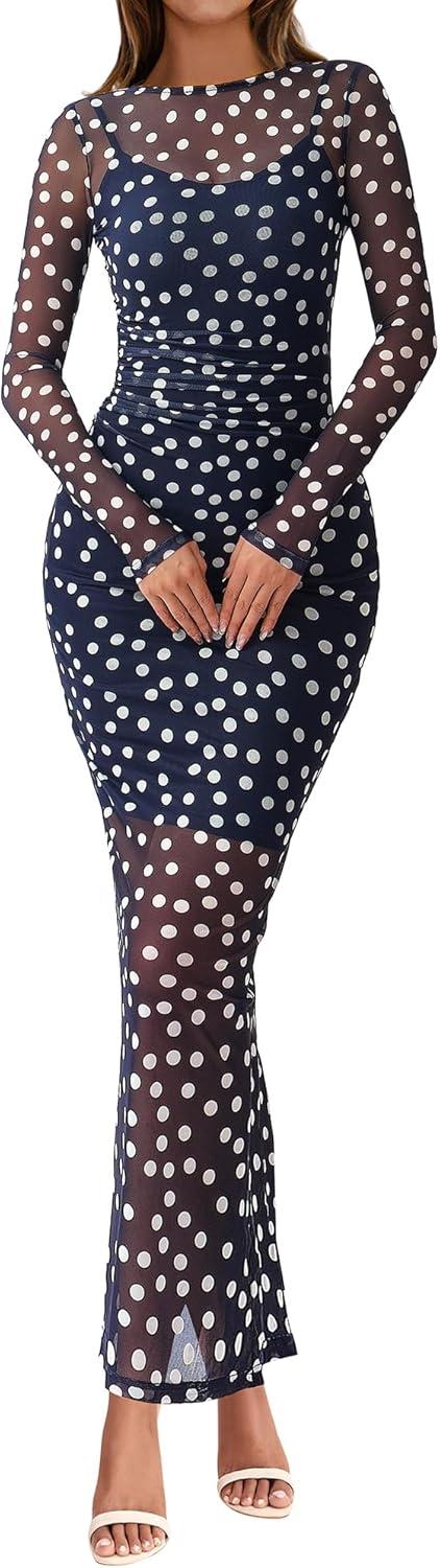 imageBTFBM Fall Dresses for Women 2025 2 Piece Set Long Sleeve Polka Dot Sexy Bodycon Mesh Dress and Slip Dress Party WeddingBig Dot Navy White