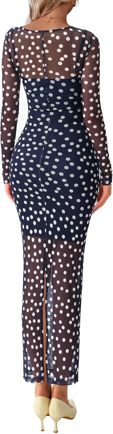 imageBTFBM Fall Dresses for Women 2025 2 Piece Set Long Sleeve Polka Dot Sexy Bodycon Mesh Dress and Slip Dress Party WeddingBig Dot Navy White