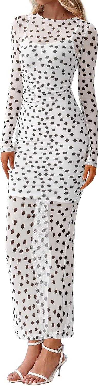 imageBTFBM Fall Dresses for Women 2025 2 Piece Set Long Sleeve Polka Dot Sexy Bodycon Mesh Dress and Slip Dress Party WeddingBig Dot White Black
