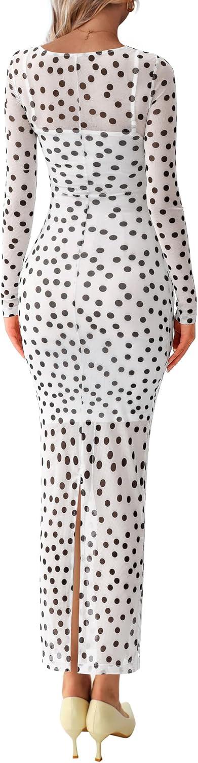 imageBTFBM Fall Dresses for Women 2025 2 Piece Set Long Sleeve Polka Dot Sexy Bodycon Mesh Dress and Slip Dress Party WeddingBig Dot White Black