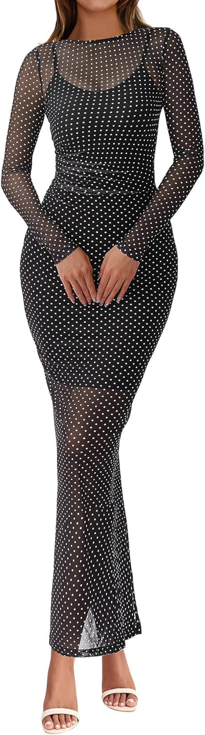 imageBTFBM Fall Dresses for Women 2025 2 Piece Set Long Sleeve Polka Dot Sexy Bodycon Mesh Dress and Slip Dress Party WeddingSmall Dot Black White