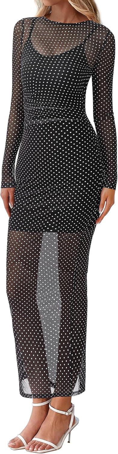 imageBTFBM Fall Dresses for Women 2025 2 Piece Set Long Sleeve Polka Dot Sexy Bodycon Mesh Dress and Slip Dress Party WeddingSmall Dot Black White