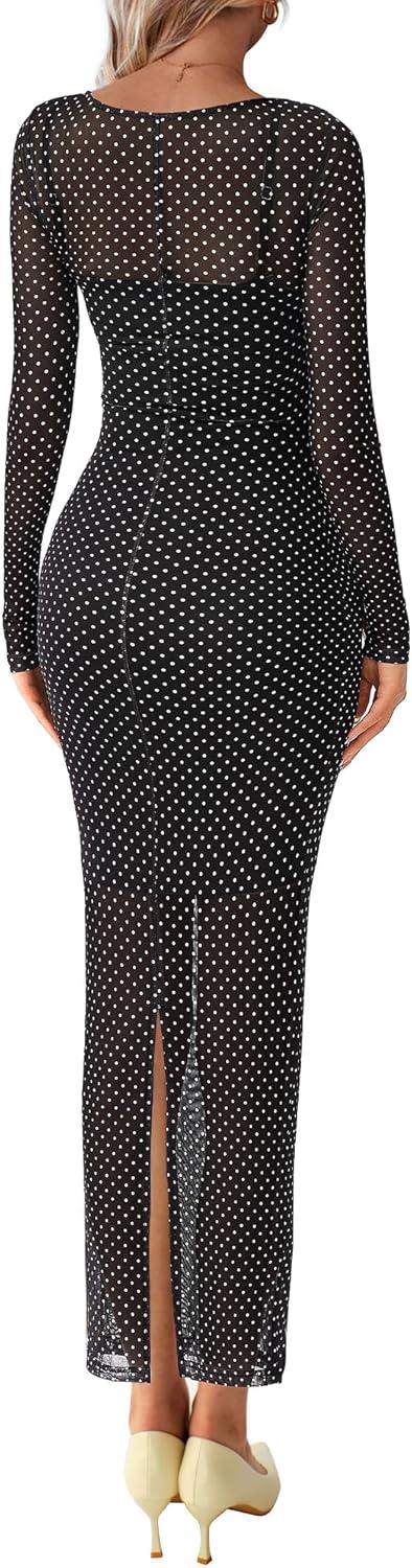 imageBTFBM Fall Dresses for Women 2025 2 Piece Set Long Sleeve Polka Dot Sexy Bodycon Mesh Dress and Slip Dress Party WeddingSmall Dot Black White