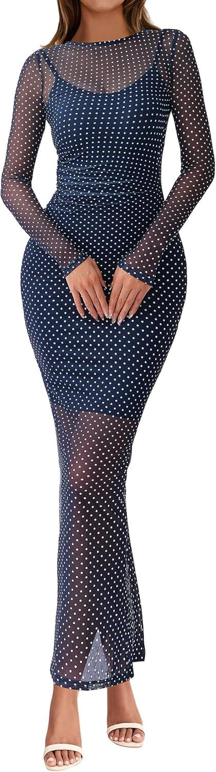 imageBTFBM Fall Dresses for Women 2025 2 Piece Set Long Sleeve Polka Dot Sexy Bodycon Mesh Dress and Slip Dress Party WeddingSmall Dot Navy White