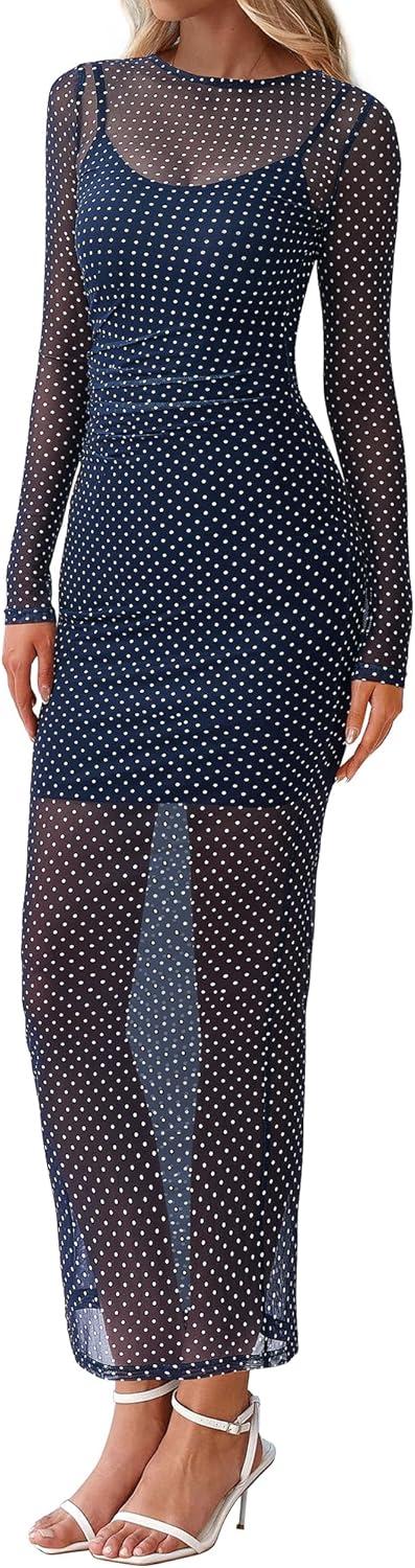 imageBTFBM Fall Dresses for Women 2025 2 Piece Set Long Sleeve Polka Dot Sexy Bodycon Mesh Dress and Slip Dress Party WeddingSmall Dot Navy White