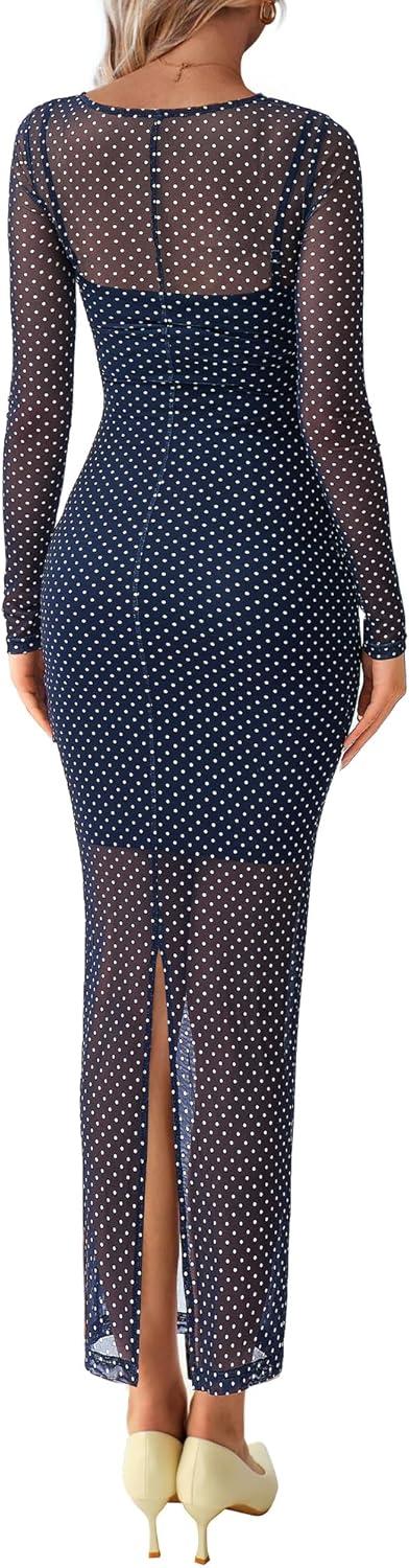 imageBTFBM Fall Dresses for Women 2025 2 Piece Set Long Sleeve Polka Dot Sexy Bodycon Mesh Dress and Slip Dress Party WeddingSmall Dot Navy White