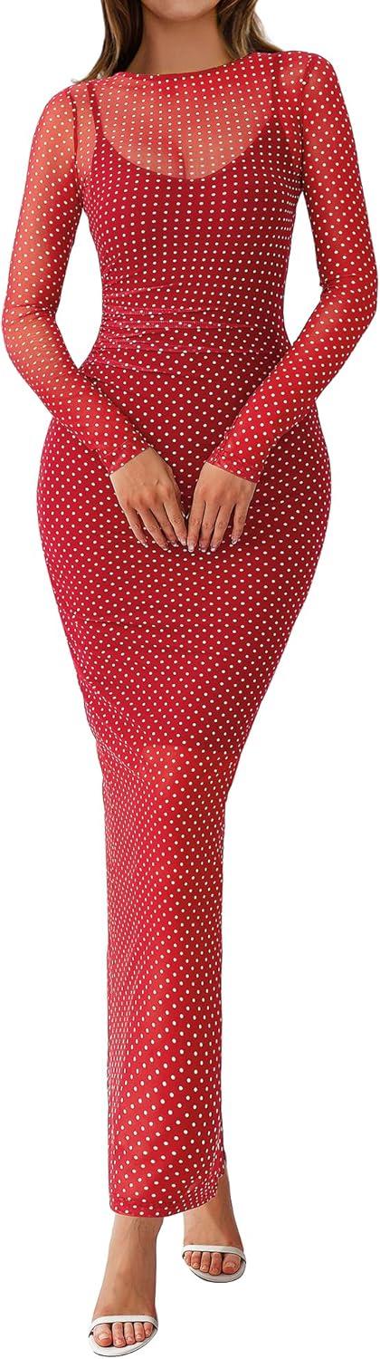 imageBTFBM Fall Dresses for Women 2025 2 Piece Set Long Sleeve Polka Dot Sexy Bodycon Mesh Dress and Slip Dress Party WeddingSmall Dot Red White