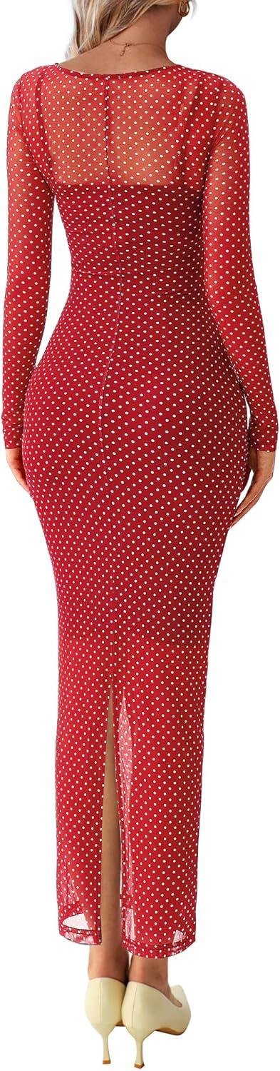 imageBTFBM Fall Dresses for Women 2025 2 Piece Set Long Sleeve Polka Dot Sexy Bodycon Mesh Dress and Slip Dress Party WeddingSmall Dot Red White