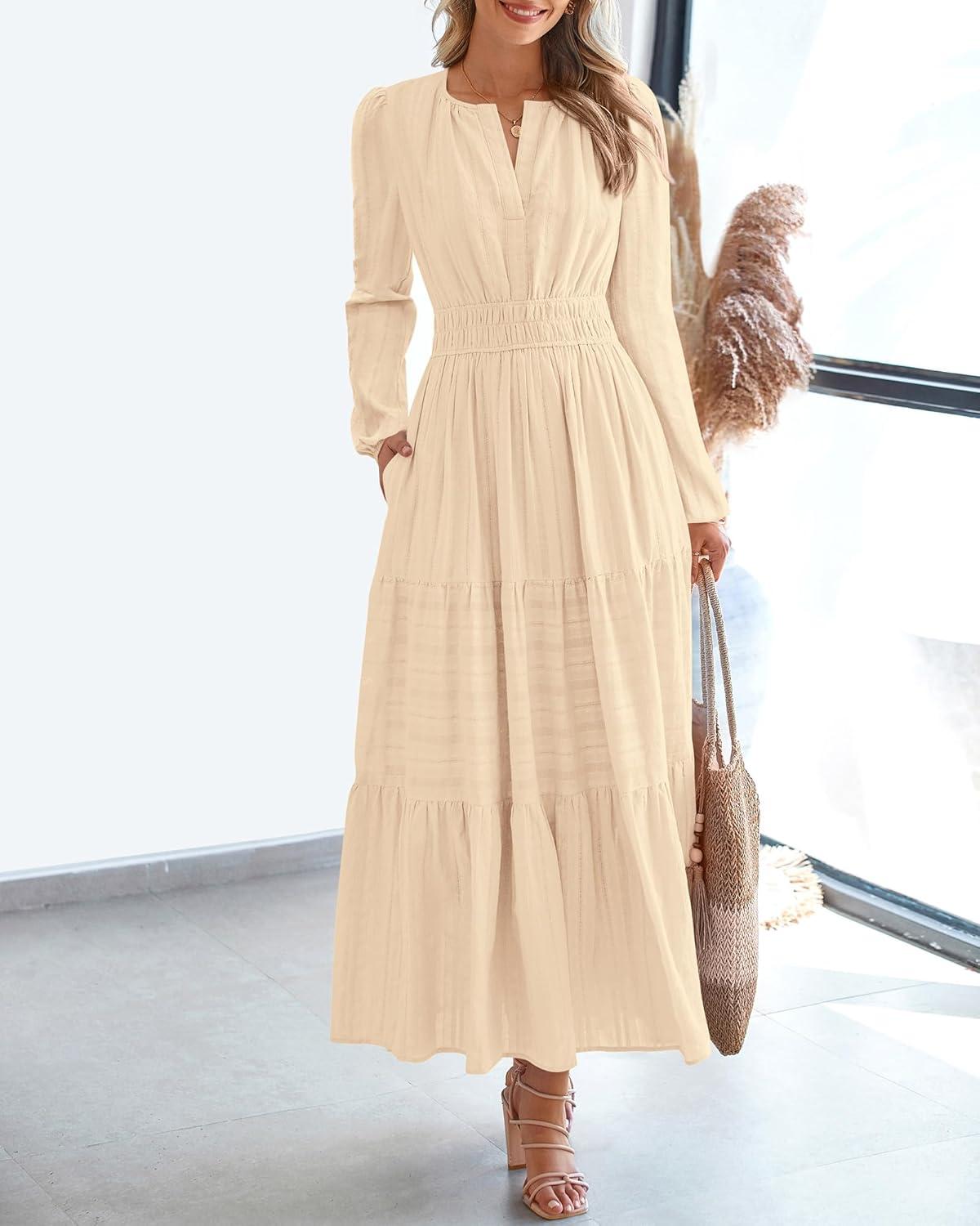 imageBTFBM Fall Dresses for Women 2025 Casual Long Sleeve V Neck Elastic Waist Lightweight Maxi Wedding Guest Dress PocketsApricot