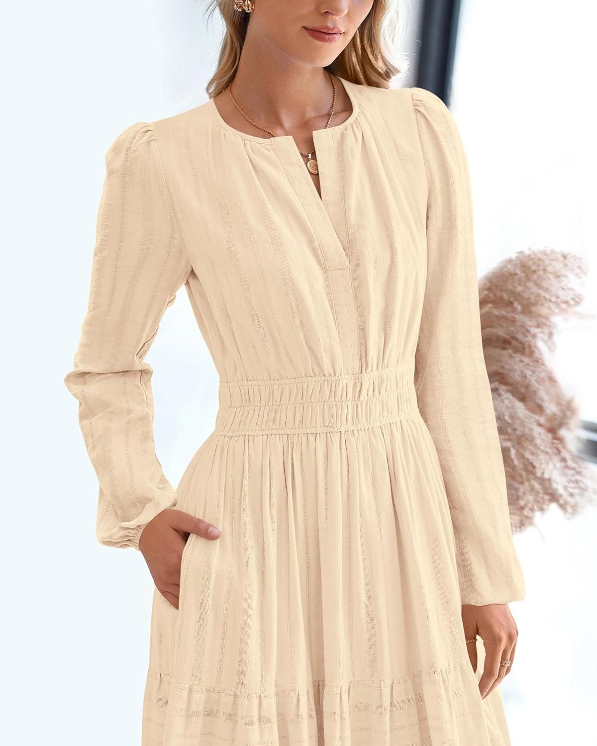 imageBTFBM Fall Dresses for Women 2025 Casual Long Sleeve V Neck Elastic Waist Lightweight Maxi Wedding Guest Dress PocketsApricot
