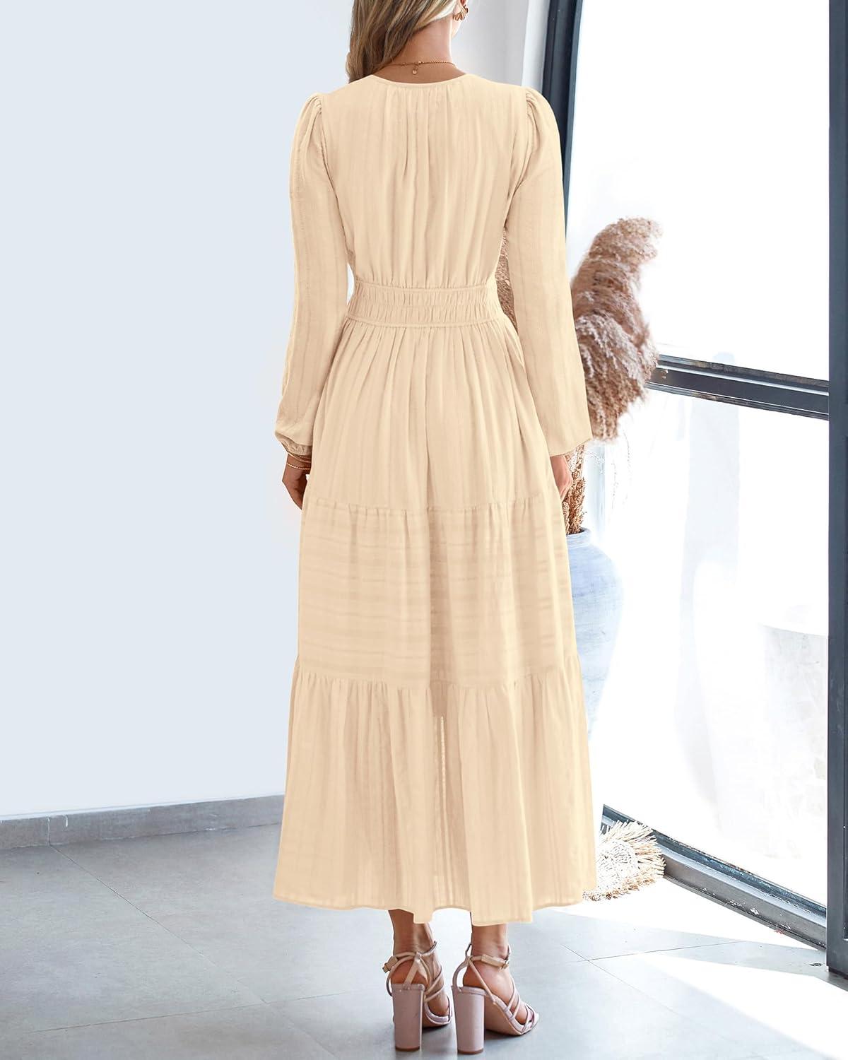 imageBTFBM Fall Dresses for Women 2025 Casual Long Sleeve V Neck Elastic Waist Lightweight Maxi Wedding Guest Dress PocketsApricot